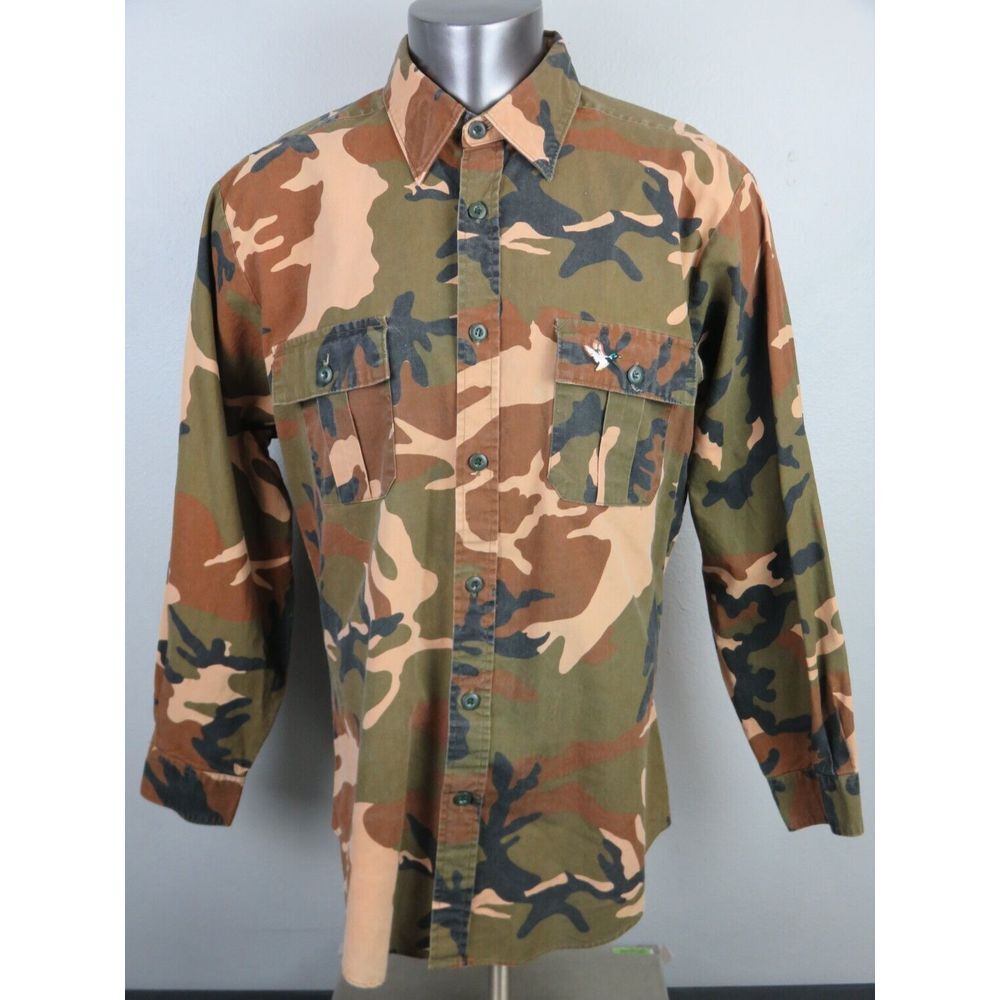 Mens Vintage Winchester Camo Long Sleeve Button Front Shirt Size L Pockets Green